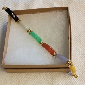6 Bars Of Multicolor Jade Set In A Bracelet Stamped 14k Gold, Has Safety Clasp